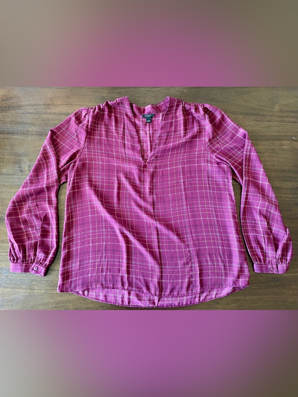 Ann Taylor Factory Burgundy Plaid V-Neck Blouse- Size Large
